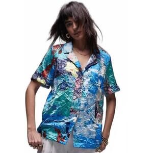 Topshop Oversize Resort Print Button-Up Shirt in White Multi Size 6